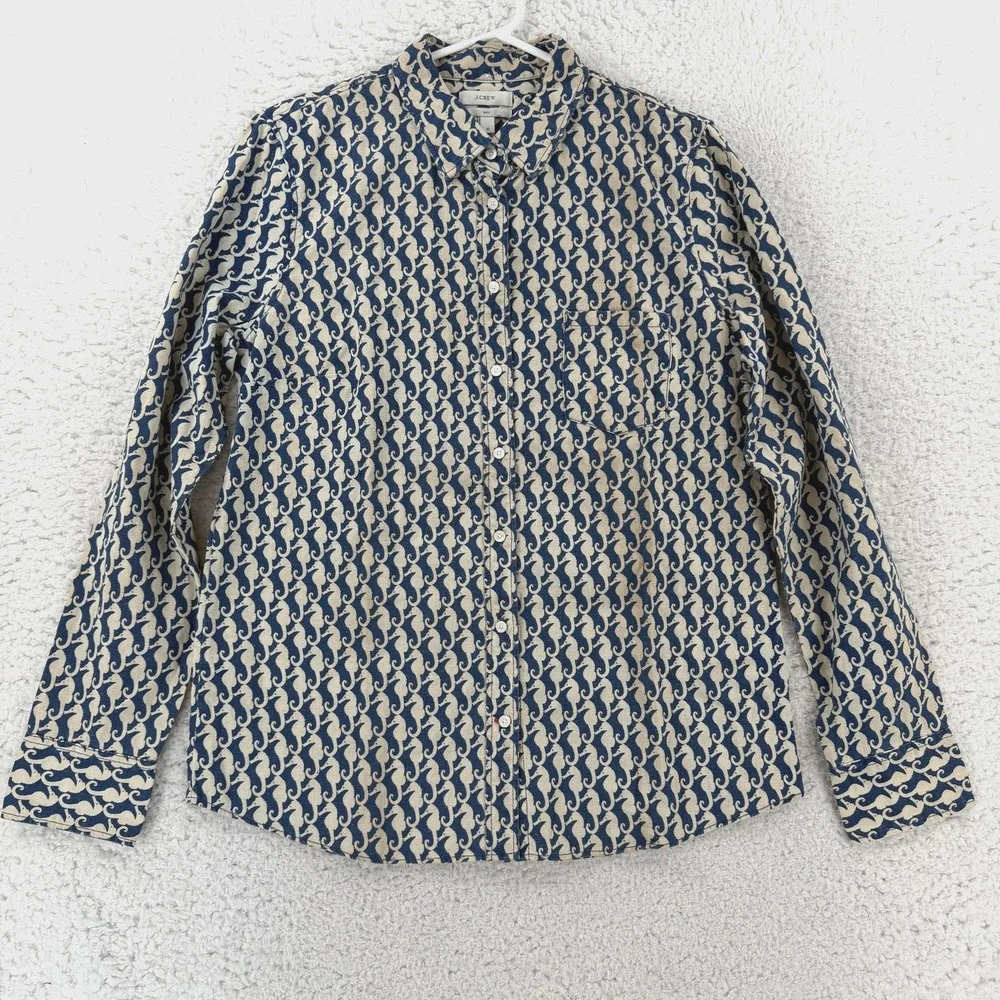J.Crew Boy Shirt Womens 10 Blue Seahorse Print Nautical Linen Cotton 43292 NWT